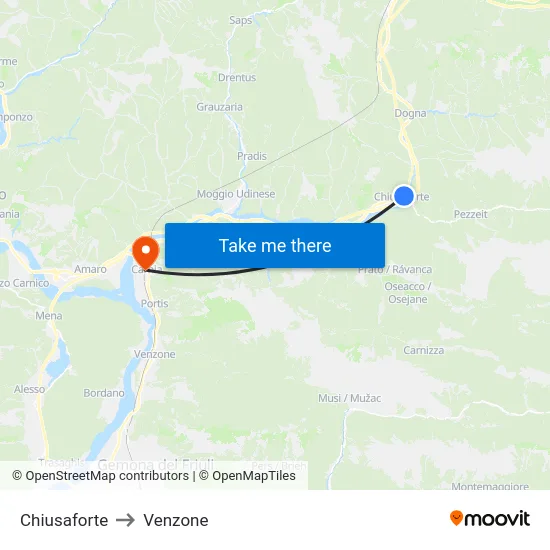 Chiusaforte to Venzone map