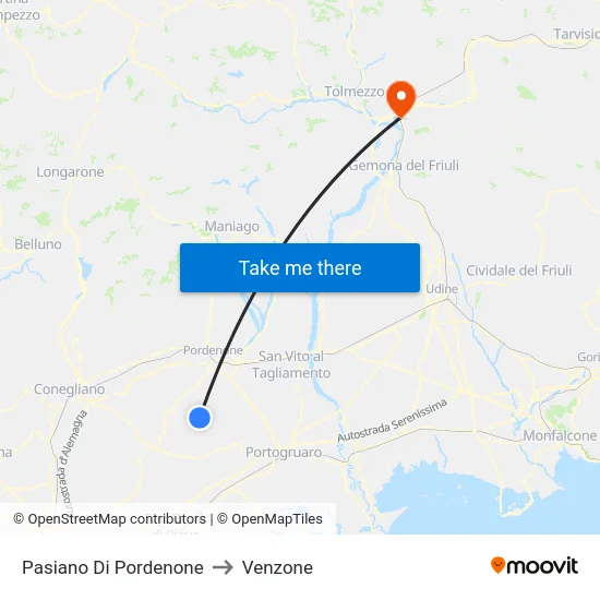 Pasiano Di Pordenone to Venzone map