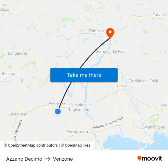 Azzano Decimo to Venzone map