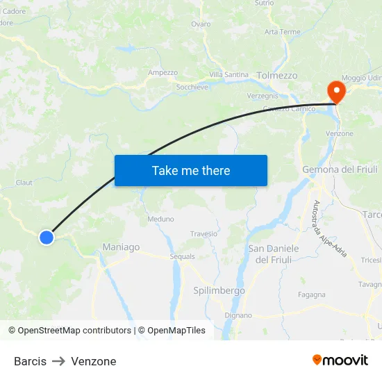 Barcis to Venzone map