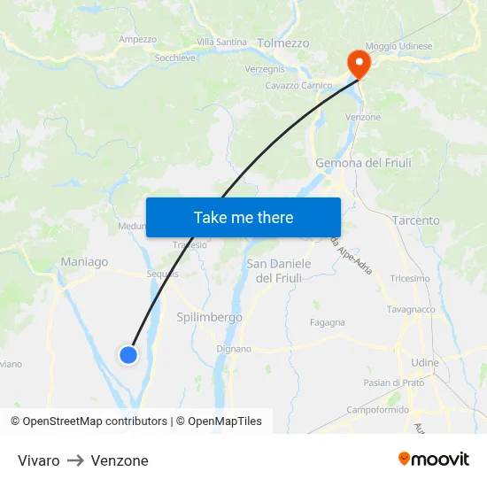 Vivaro to Venzone map