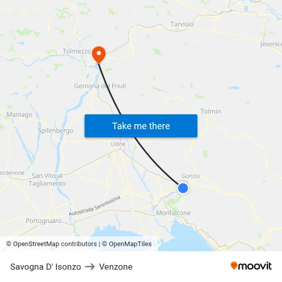 Savogna D' Isonzo to Venzone map