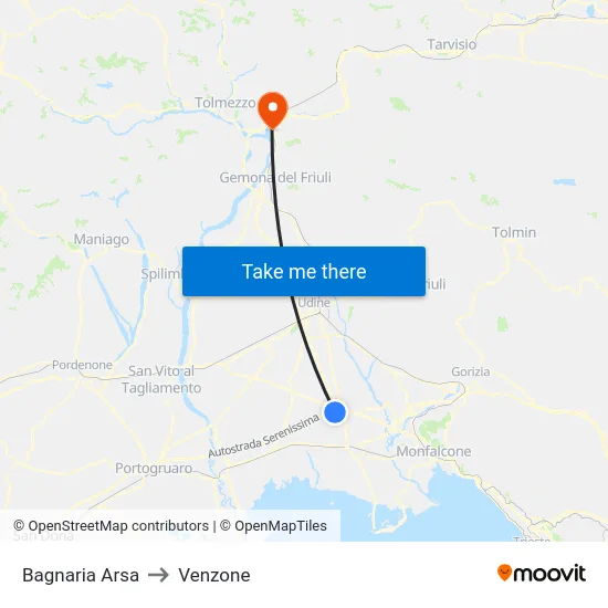 Bagnaria Arsa to Venzone map