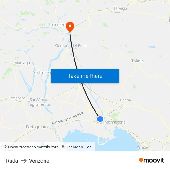 Ruda to Venzone map