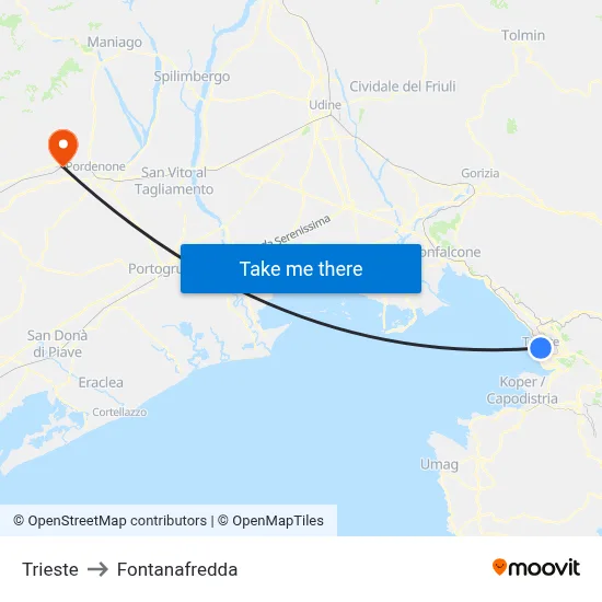 Trieste to Fontanafredda map