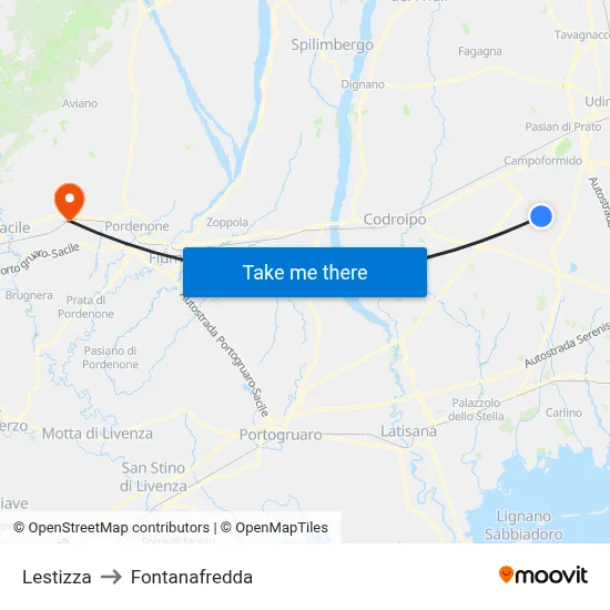 Lestizza to Fontanafredda map