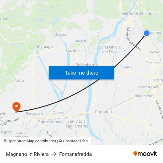 Magnano in Riviera to Fontanafredda map