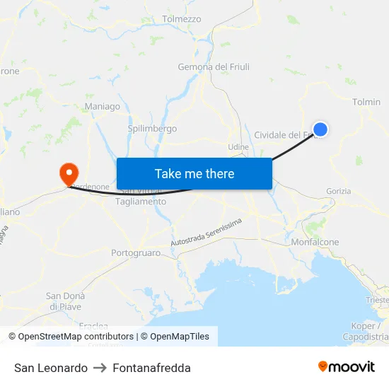 San Leonardo to Fontanafredda map