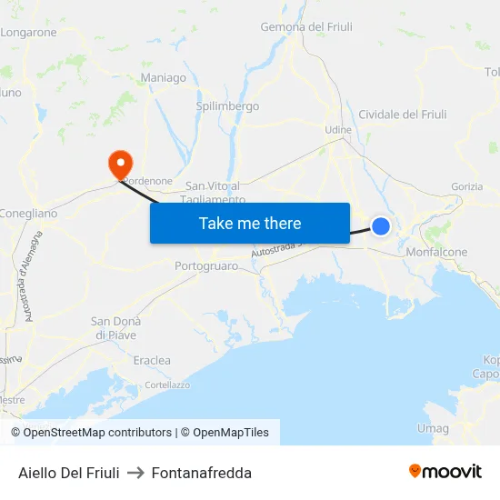 Aiello del Friuli to Fontanafredda map