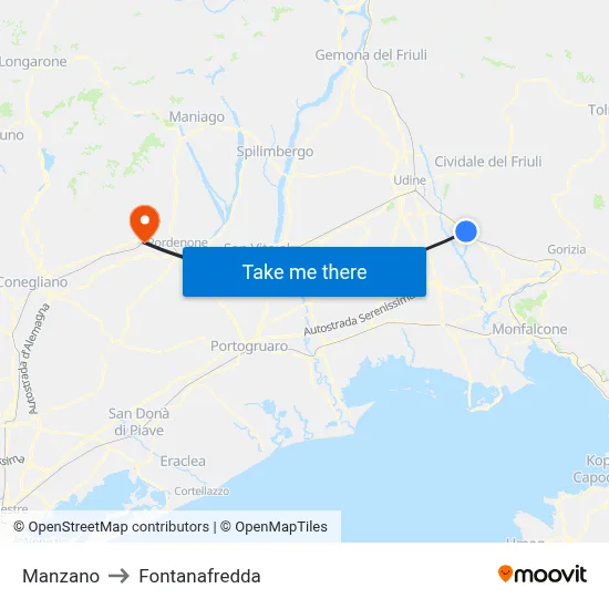 Manzano to Fontanafredda map