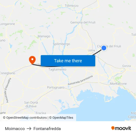 Moimacco to Fontanafredda map