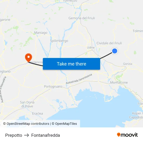 Prepotto to Fontanafredda map