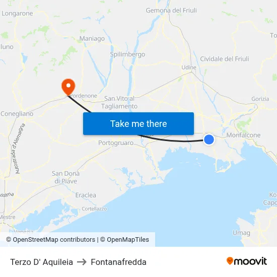 Terzo d'Aquileia to Fontanafredda map