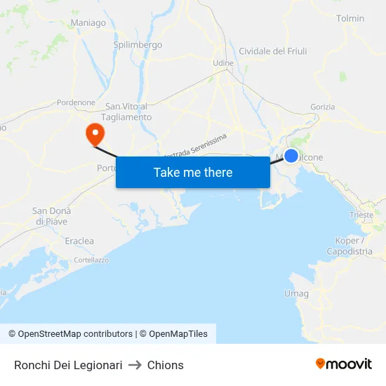 Ronchi dei Legionari to Chions map