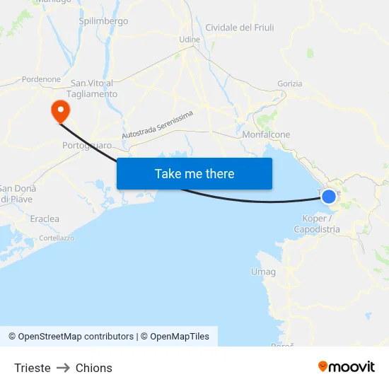 Trieste to Chions map