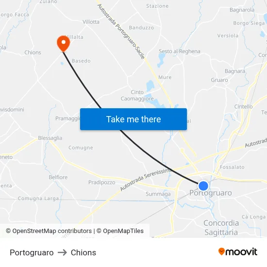 Portogruaro to Chions map