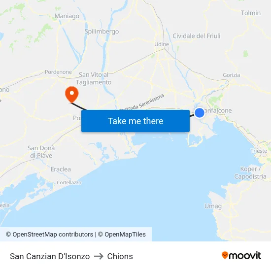 San Canzian D'Isonzo to Chions map