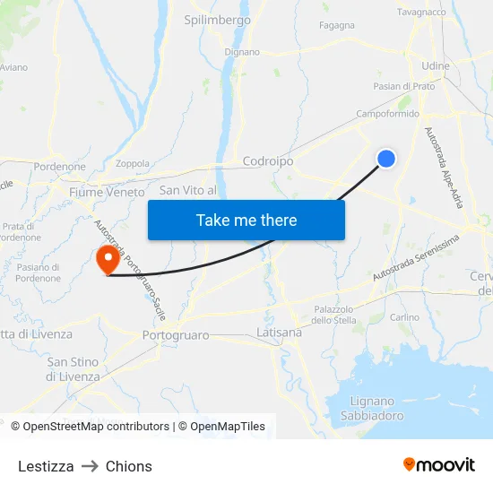 Lestizza to Chions map