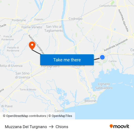 Muzzana del Turgnano to Chions map