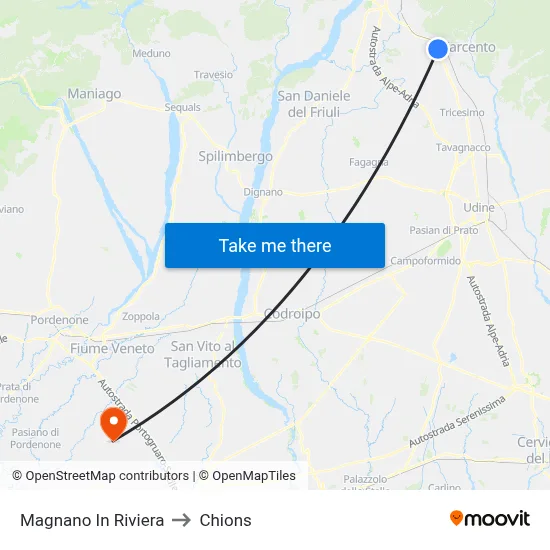 Magnano In Riviera to Chions map