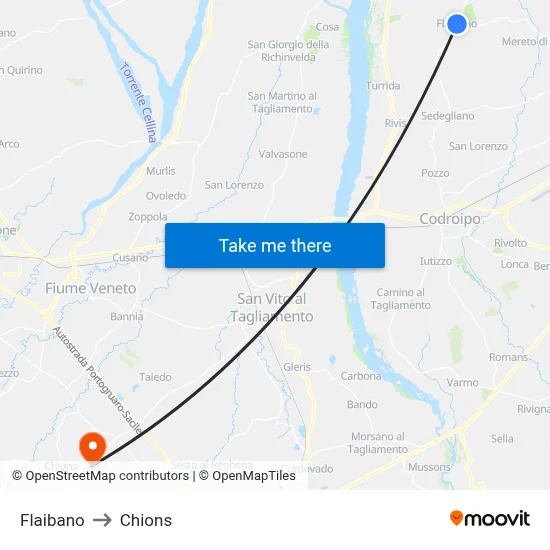 Flaibano to Chions map