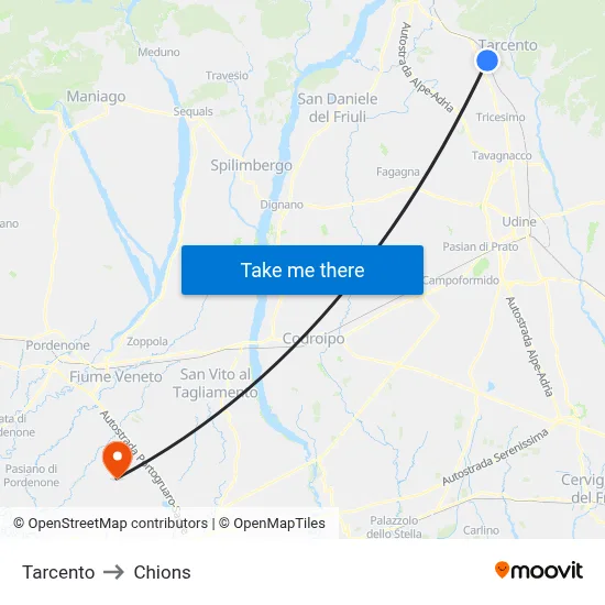 Tarcento to Chions map