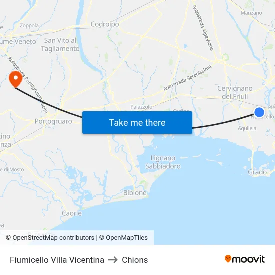 Fiumicello Villa Vicentina to Chions map