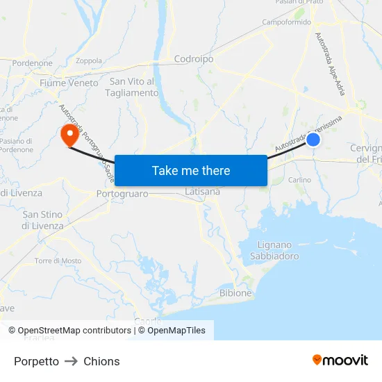 Porpetto to Chions map