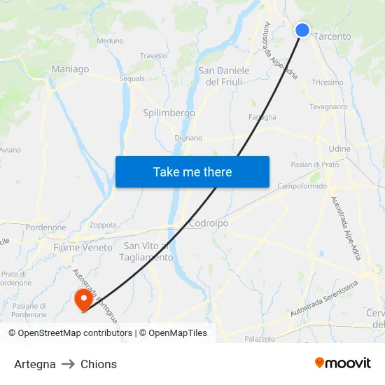Artegna to Chions map