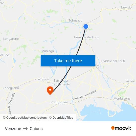 Venzone to Chions map