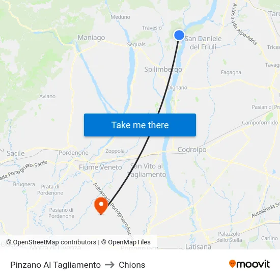 Pinzano Al Tagliamento to Chions map