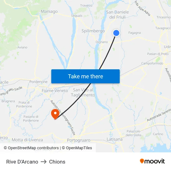 Rive d'Arcano to Chions map