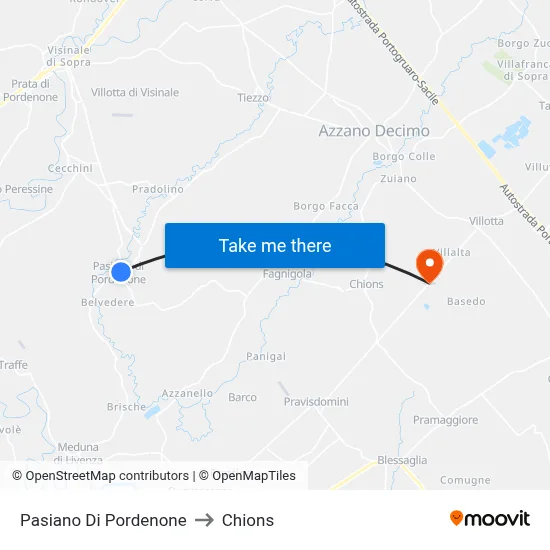 Pasiano Di Pordenone to Chions map