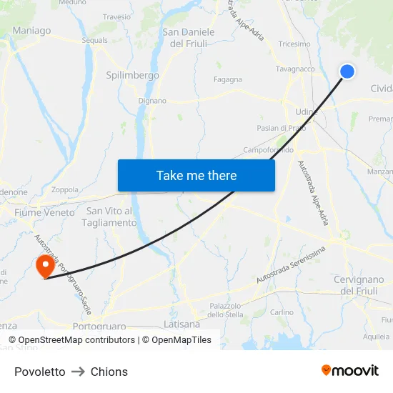 Povoletto to Chions map