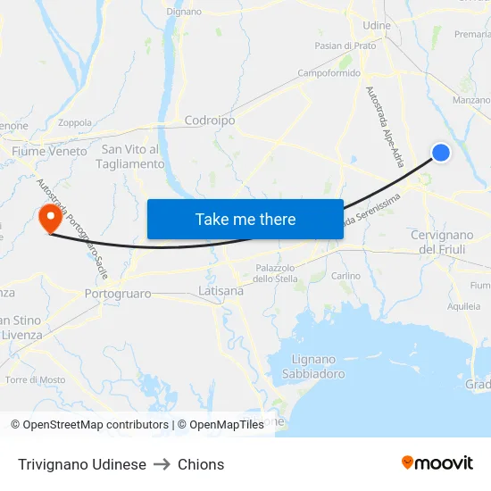 Trivignano Udinese to Chions map