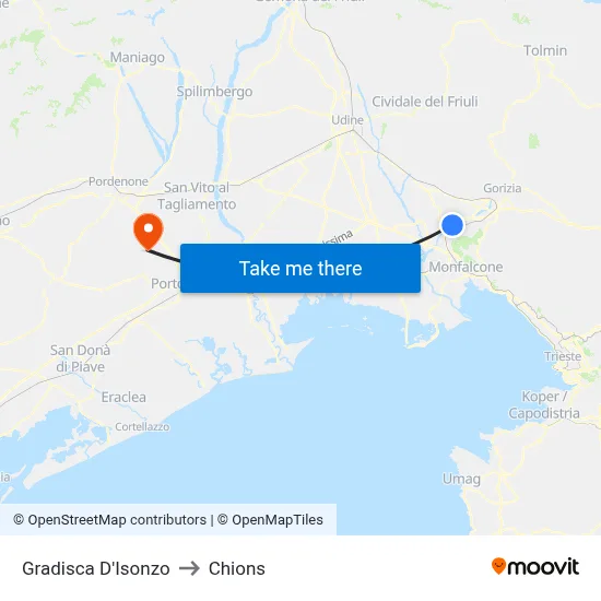 Gradisca d'Isonzo to Chions map