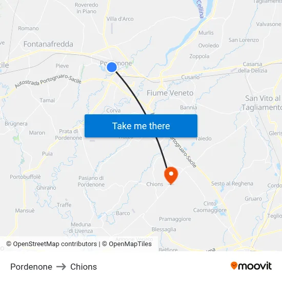 Pordenone to Chions map