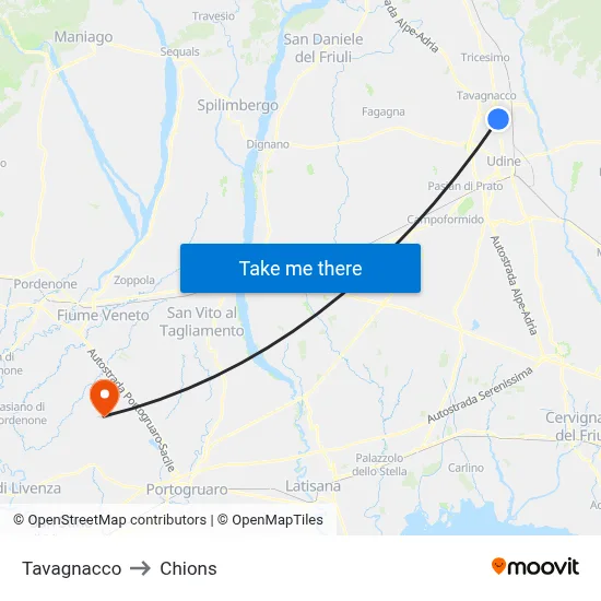Tavagnacco to Chions map