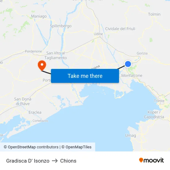 Gradisca d'Isonzo to Chions map