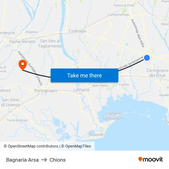 Bagnaria Arsa to Chions map
