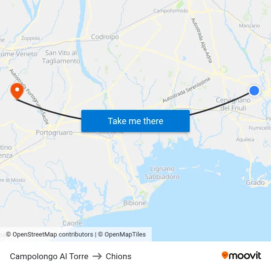 Campolongo al Torre to Chions map
