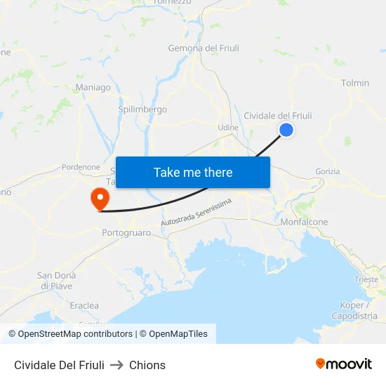Cividale Del Friuli to Chions map