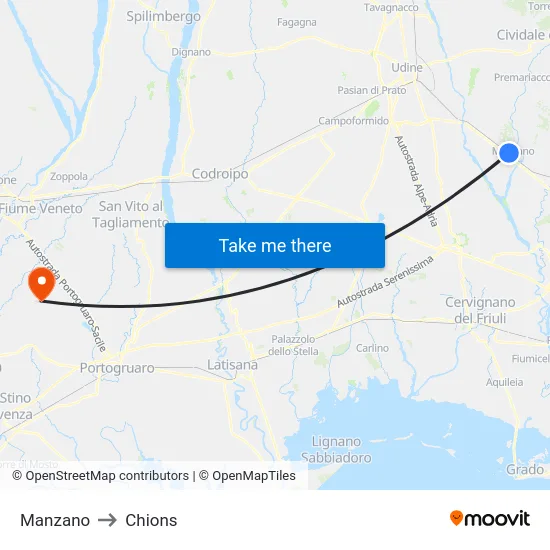 Manzano to Chions map