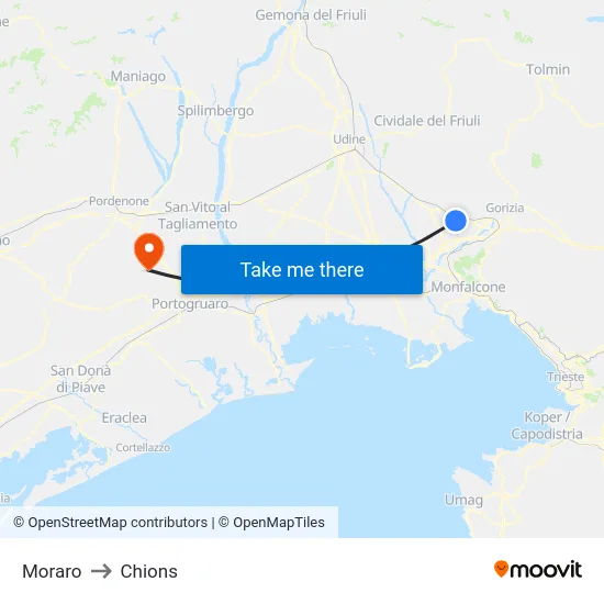 Moraro to Chions map