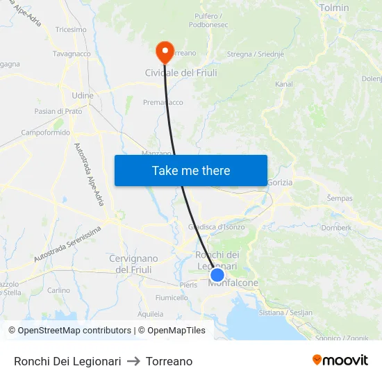 Ronchi Dei Legionari to Torreano map