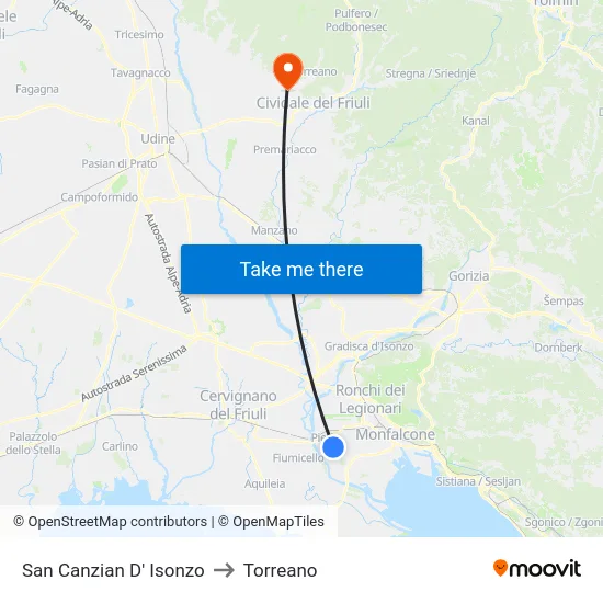 San Canzian D' Isonzo to Torreano map