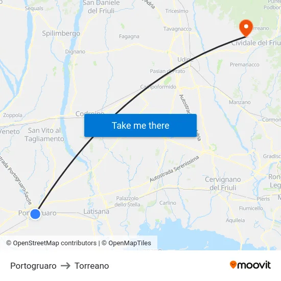 Portogruaro to Torreano map