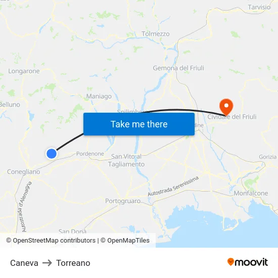 Caneva to Torreano map