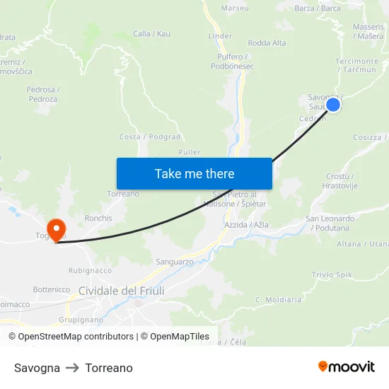 Savogna to Torreano map