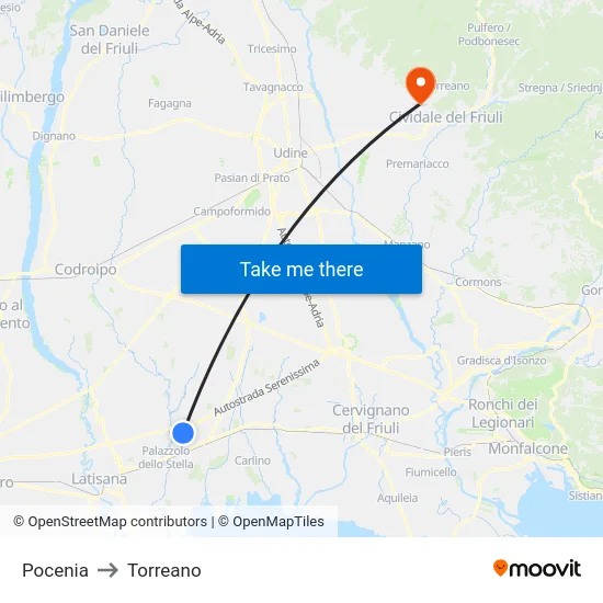 Pocenia to Torreano map